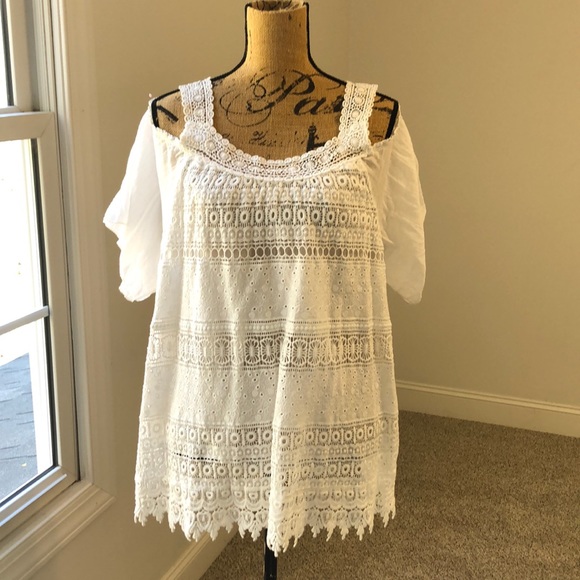 Faith of Zoe Tops - White eyelet lacy cold shoulder  blouse